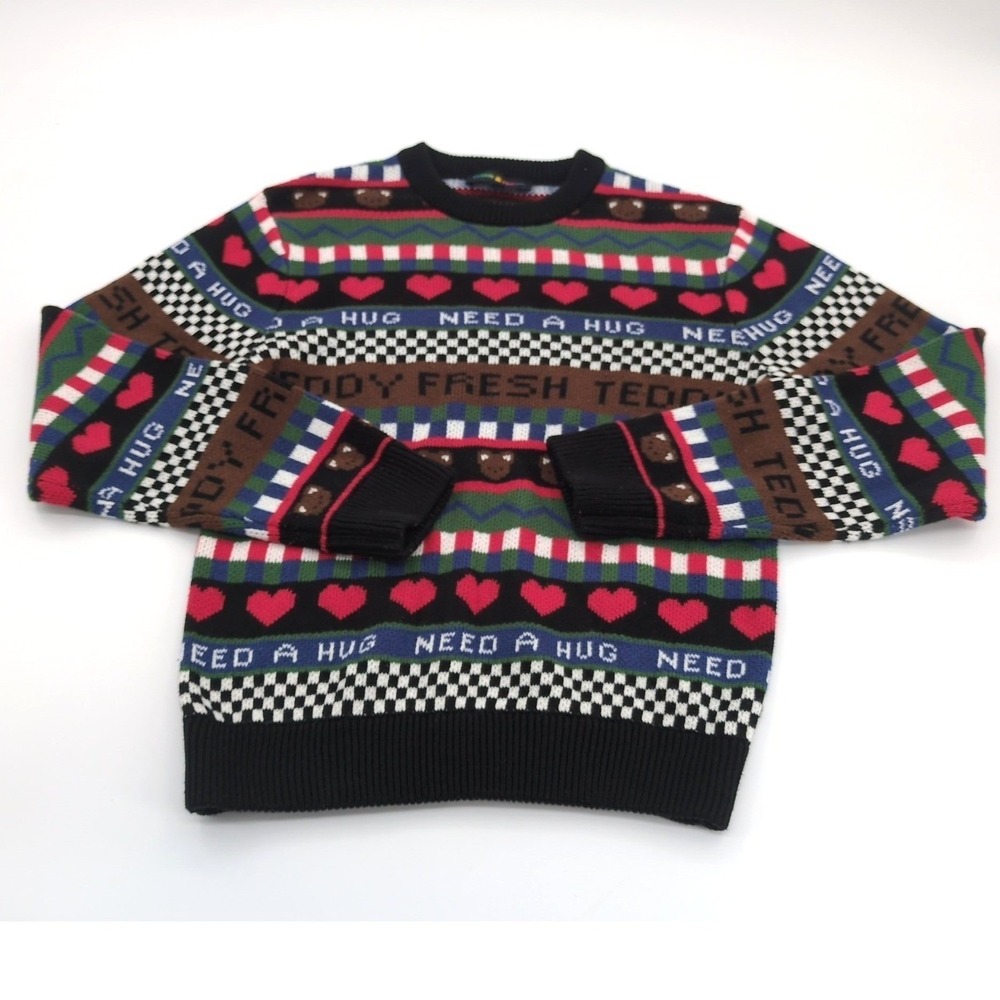 Teddy Fresh Need A Hug Knit Crewneck Sweater Fair Isle Streetwear Mens Medium M